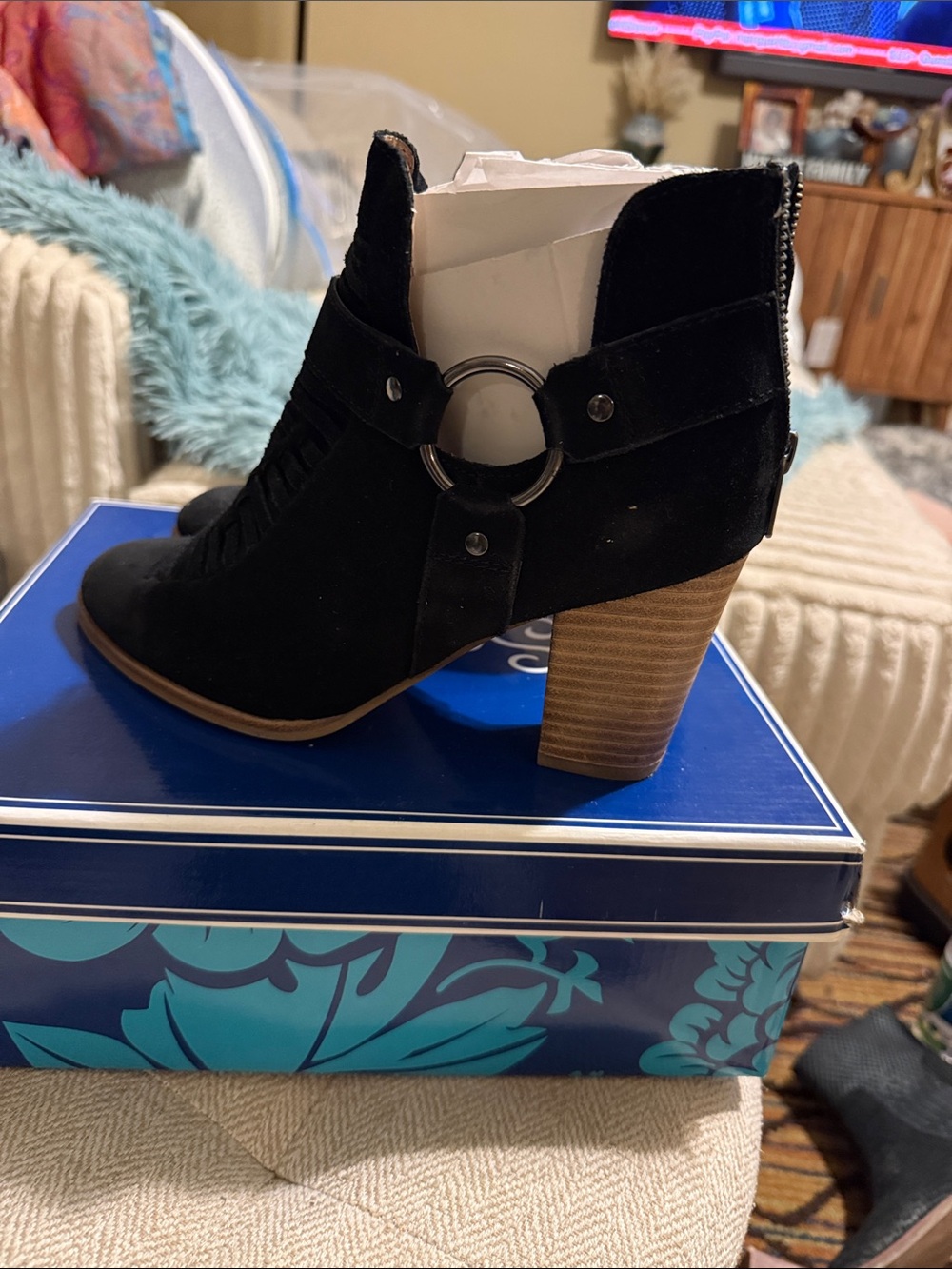Seychelles Black Suede Ring-Accent Stacked Heel Ankle Boots